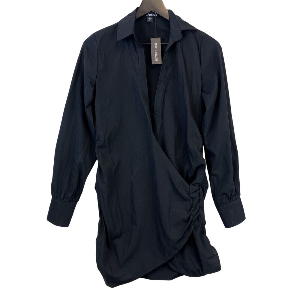 NWT PrettyLittleThing Size 4 US Black Wrap Detail Mini Shirt Dress